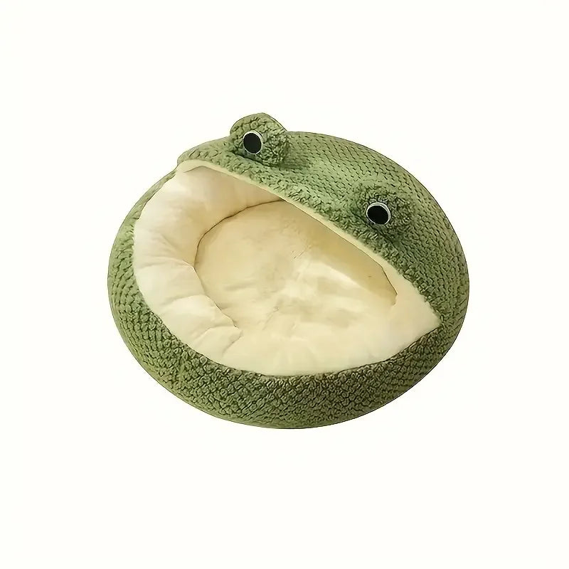Green Frog Cat Bed – Cute Cartoon Semi-Enclosed Cat Nest for Kittens, Cats &amp; Small Pets