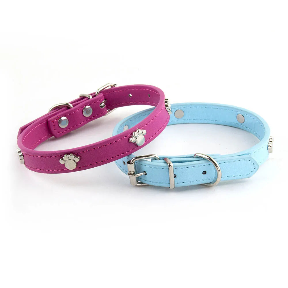 Durable Leather Dog Collar with Paw Print – Adjustable Puppy &amp; Small Dog Collar for Pug, Chihuahua &amp; Cats