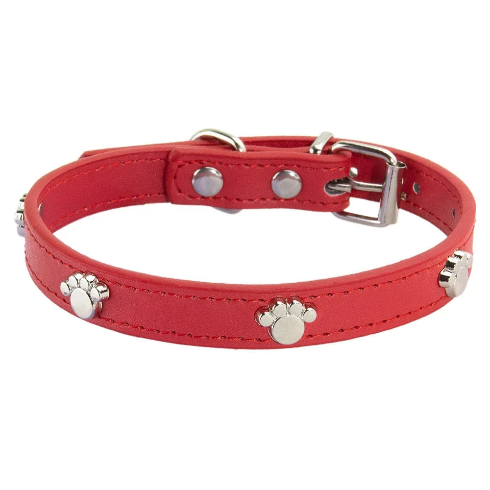 Durable Leather Dog Collar with Paw Print – Adjustable Puppy &amp; Small Dog Collar for Pug, Chihuahua &amp; Cats