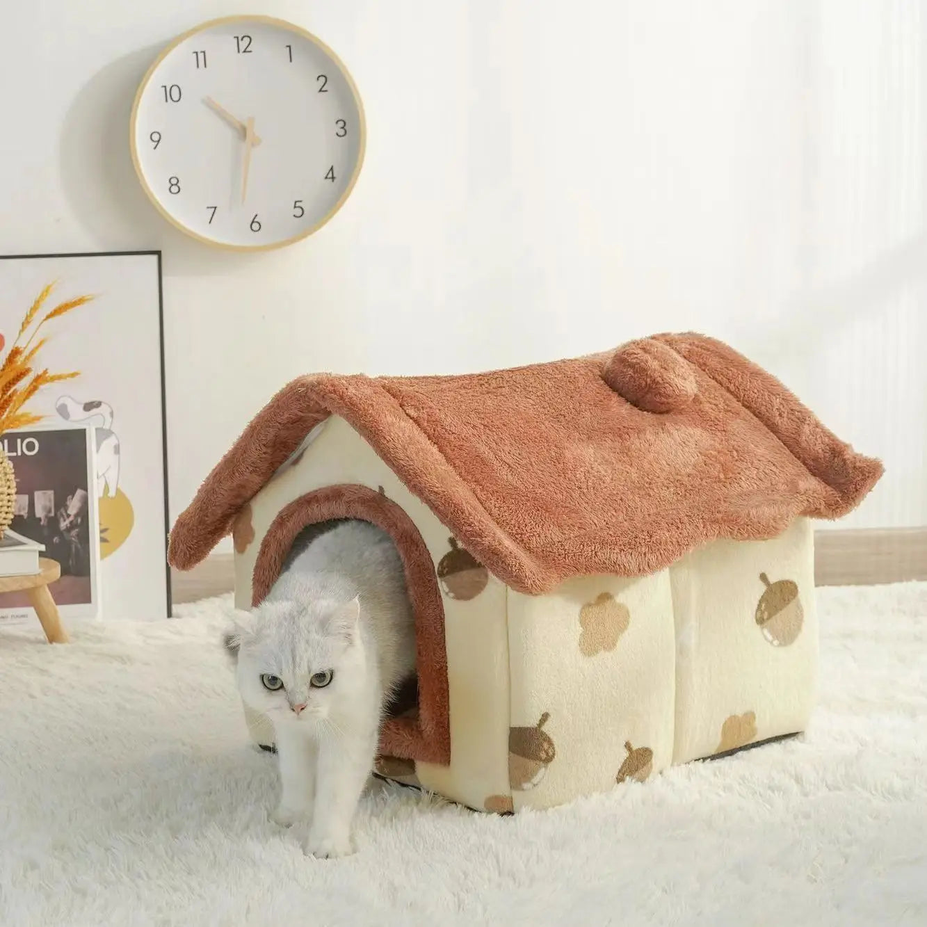 Cute Dog House Bed with Removable Cushion - Soft Coral Fleece Pet Bed for Dogs &amp; Cats, All-Season, Lightweight &amp; Breathable