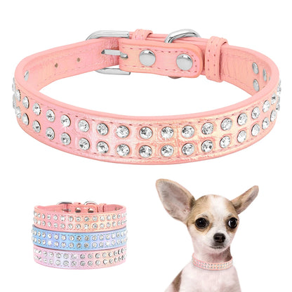 Crystal Rhinestone Small Dog Collar – Adjustable Leather Pet Collar for Chihuahua, Puppy &amp; Cat, Padded Sparkly Dog Collar