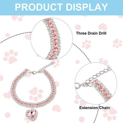 Bling Rhinestone Dog &amp; Cat Necklace Collar – Crystal Heart Diamante Pet Jewelry, Adjustable Puppy &amp; Kitten Wedding Party Accessory XS–L