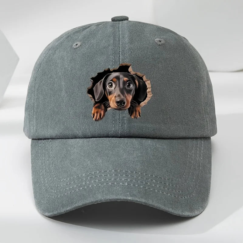 Retro Washed Dachshund Baseball Cap – Dog Pattern Hat with Breathable See-Through Hole Design, Casual Outdoor Sports Sun Hat