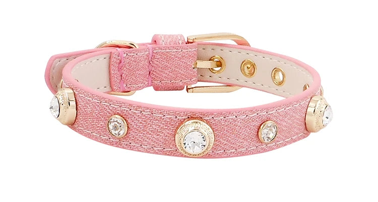 Genuine Leather Pet Collar White Diamond Gemstone Rivet Cowhide Collar Dog and Cat Collar