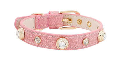 Genuine Leather Pet Collar White Diamond Gemstone Rivet Cowhide Collar Dog and Cat Collar