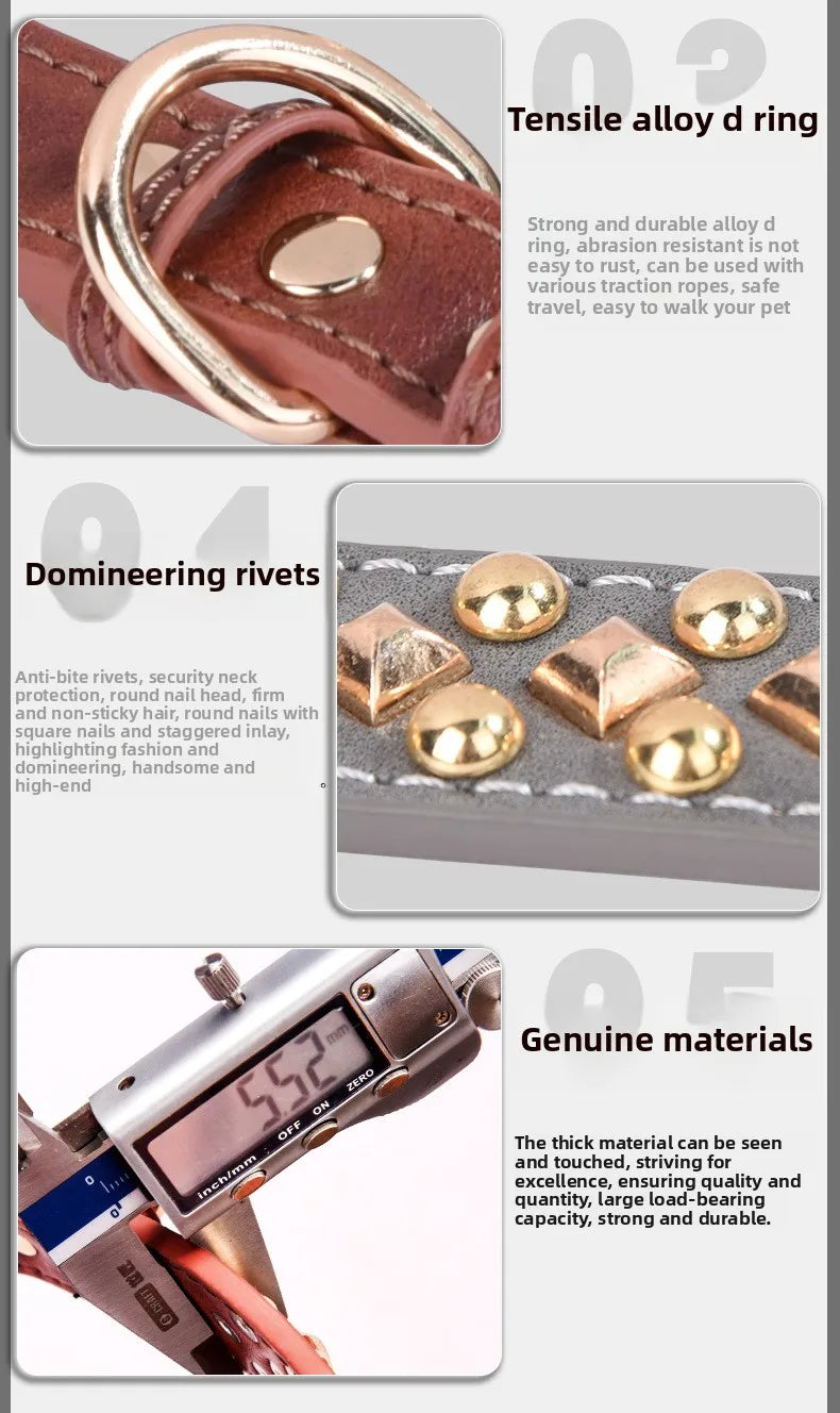 Anti-Bite Leather Dog Collar with Rivets – Heavy Duty Adjustable Pet Collar for Medium &amp; Large Dogs, Soft Comfortable Durable Training Walking Collar