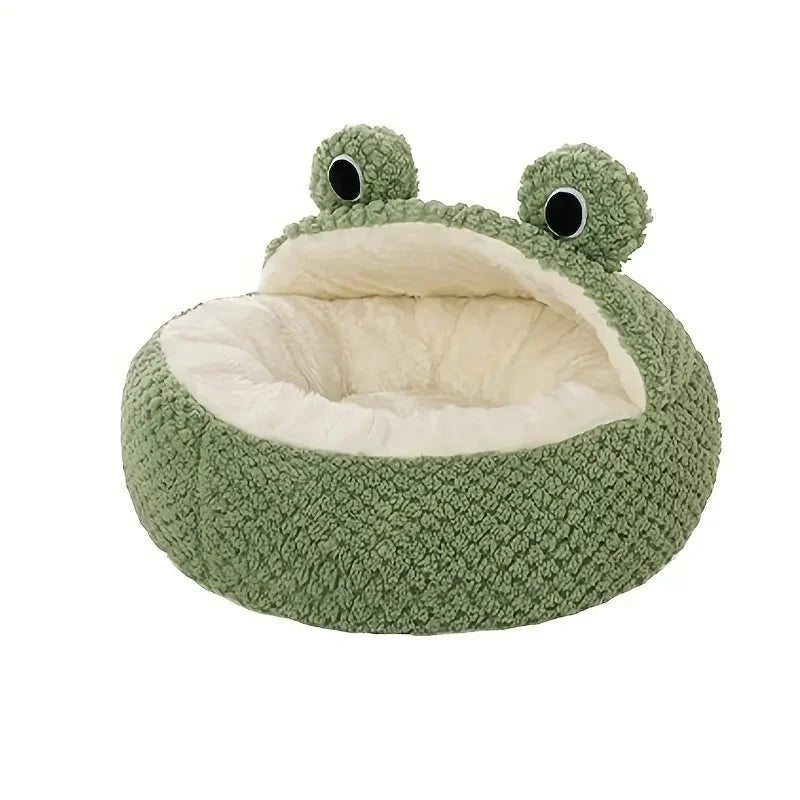 Green Frog Cat Bed – Cute Cartoon Semi-Enclosed Cat Nest for Kittens, Cats &amp; Small Pets