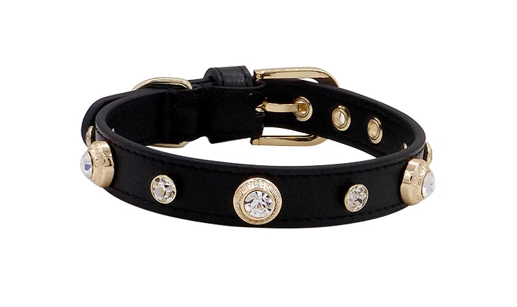 Genuine Leather Pet Collar White Diamond Gemstone Rivet Cowhide Collar Dog and Cat Collar