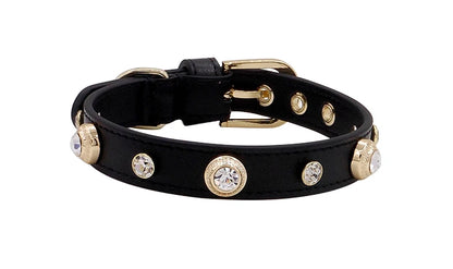 Genuine Leather Pet Collar White Diamond Gemstone Rivet Cowhide Collar Dog and Cat Collar
