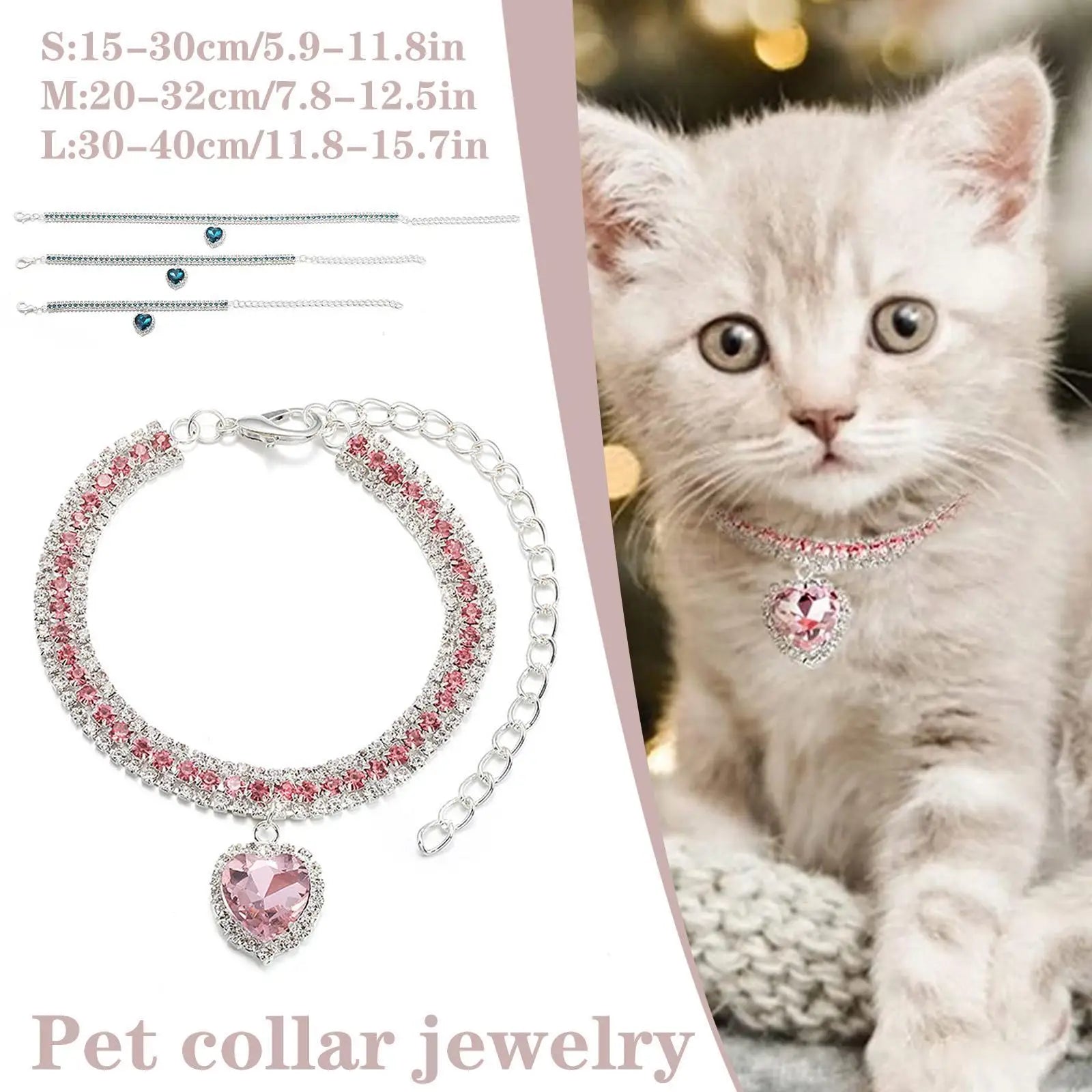 Bling Rhinestone Dog &amp; Cat Necklace Collar – Crystal Heart Diamante Pet Jewelry, Adjustable Puppy &amp; Kitten Wedding Party Accessory XS–L
