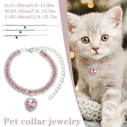 Bling Rhinestone Dog &amp; Cat Necklace Collar – Crystal Heart Diamante Pet Jewelry, Adjustable Puppy &amp; Kitten Wedding Party Accessory XS–L