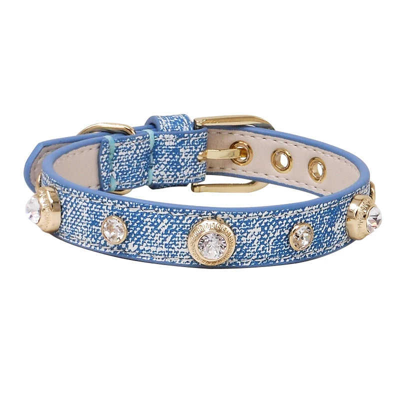 Genuine Leather Pet Collar White Diamond Gemstone Rivet Cowhide Collar Dog and Cat Collar