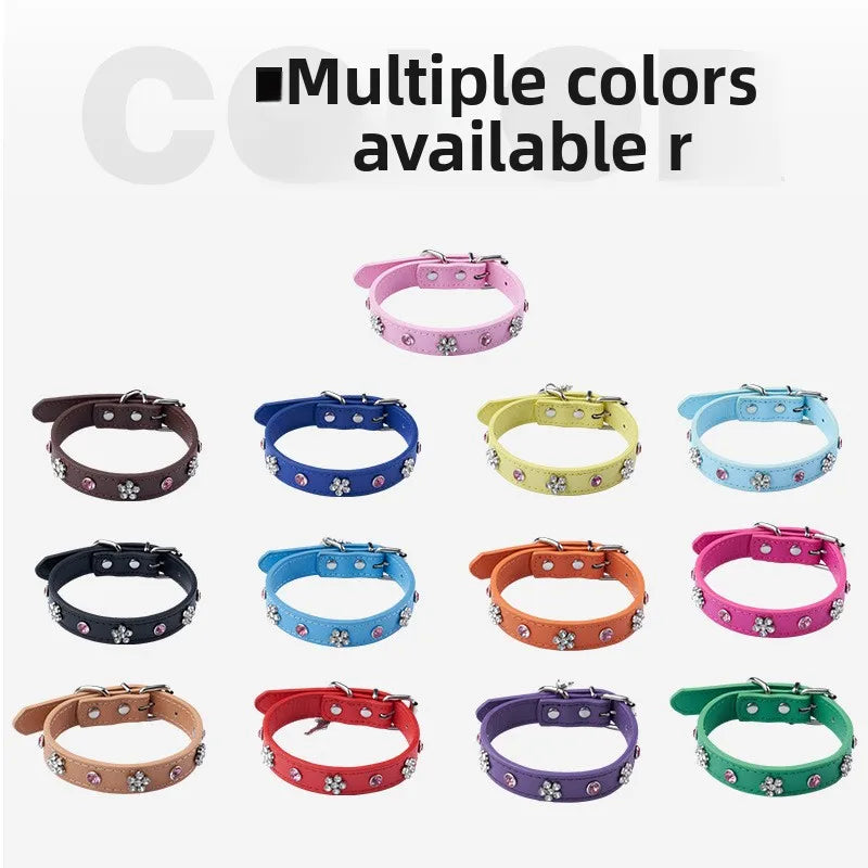 Rhinestone Leather Dog Collar – Adjustable Bling Puppy Collar with Metal Buckle for Small &amp; Medium Dogs