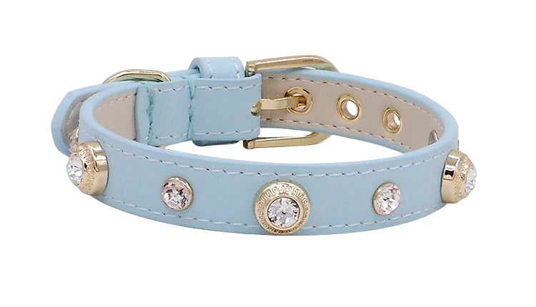 Genuine Leather Pet Collar White Diamond Gemstone Rivet Cowhide Collar Dog and Cat Collar