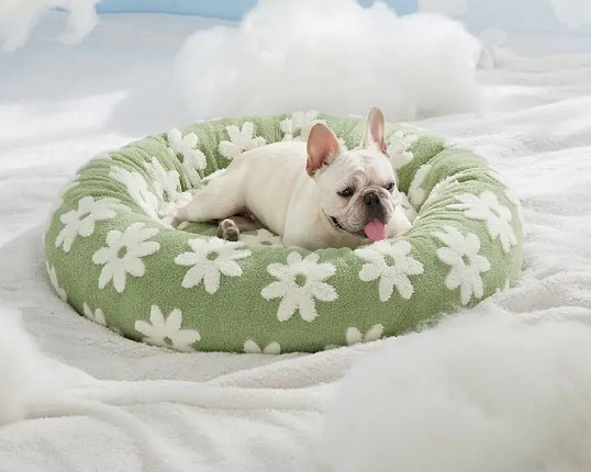 Luxury Round Calming Donut Pet Bed – Plush Washable Cat & Dog Bed with Cute Prints