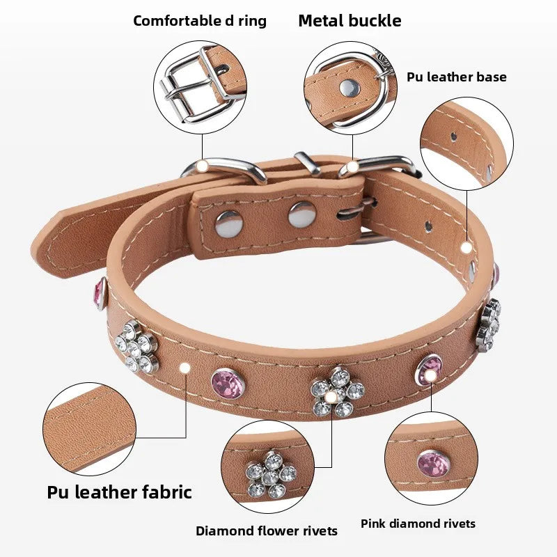 Rhinestone Leather Dog Collar – Adjustable Bling Puppy Collar with Metal Buckle for Small &amp; Medium Dogs