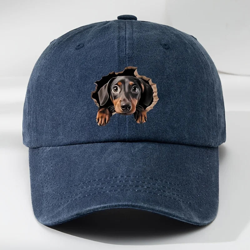 Retro Washed Dachshund Baseball Cap – Dog Pattern Hat with Breathable See-Through Hole Design, Casual Outdoor Sports Sun Hat