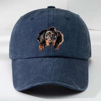 Retro Washed Dachshund Baseball Cap – Dog Pattern Hat with Breathable See-Through Hole Design, Casual Outdoor Sports Sun Hat