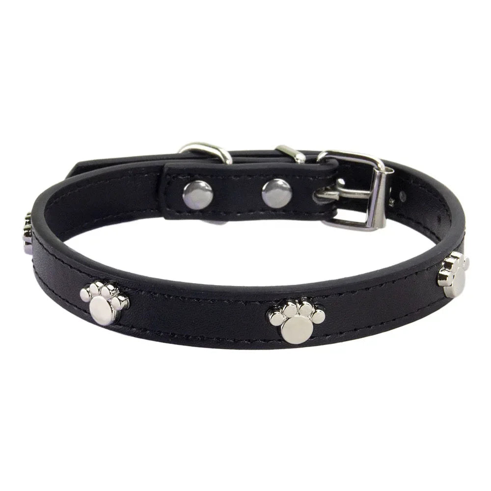 Durable Leather Dog Collar with Paw Print – Adjustable Puppy &amp; Small Dog Collar for Pug, Chihuahua &amp; Cats