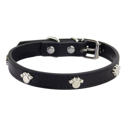 Durable Leather Dog Collar with Paw Print – Adjustable Puppy &amp; Small Dog Collar for Pug, Chihuahua &amp; Cats