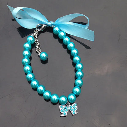 Exquisite Pearl Dog Necklace Pearl Necklace Jewelry with Bow Ribbon Suitable for Cats and Dogs