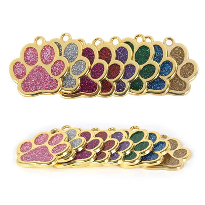 Personalized Pet ID Collar Tags - Custom Engraved Cat &amp; Dog Name Necklace with Gold Paw Glitter Pendant