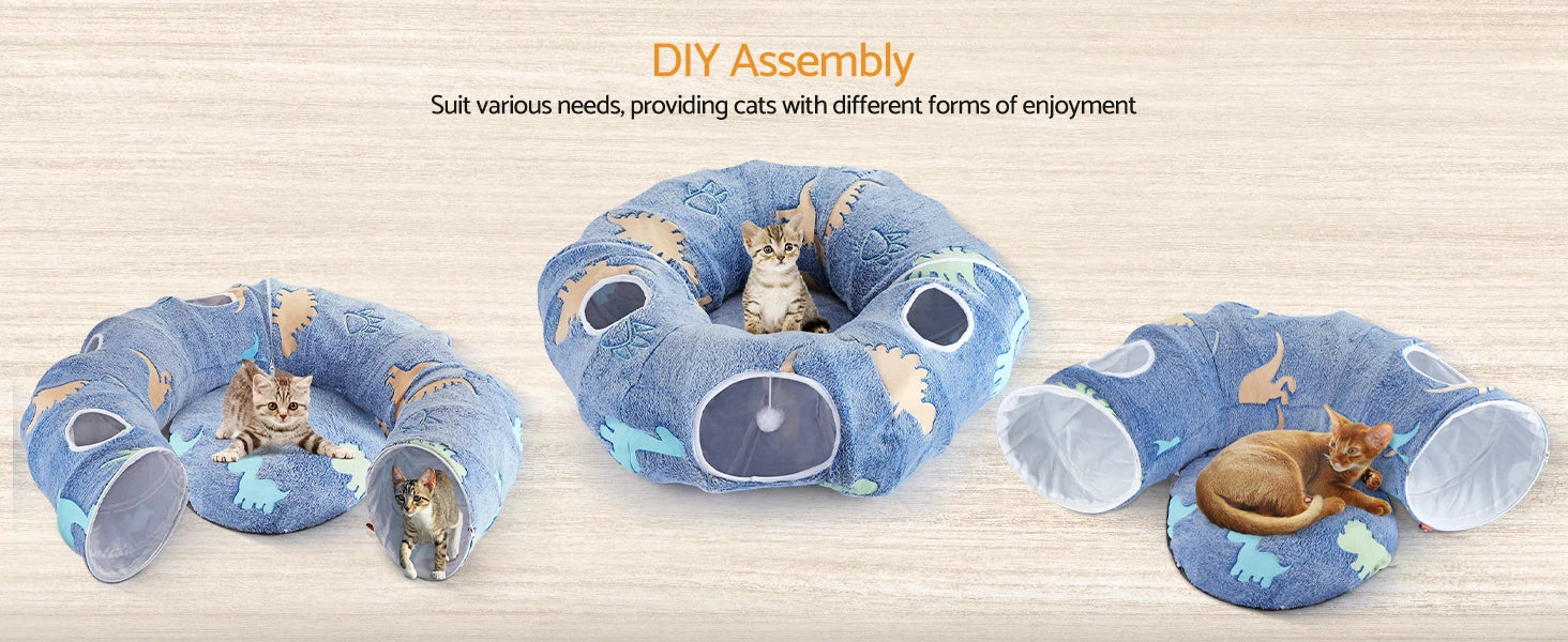 Cat Tunnel Bed for Indoor Cats – Foldable Plush Donut Tunnel with Glow-in-the-Dark Design