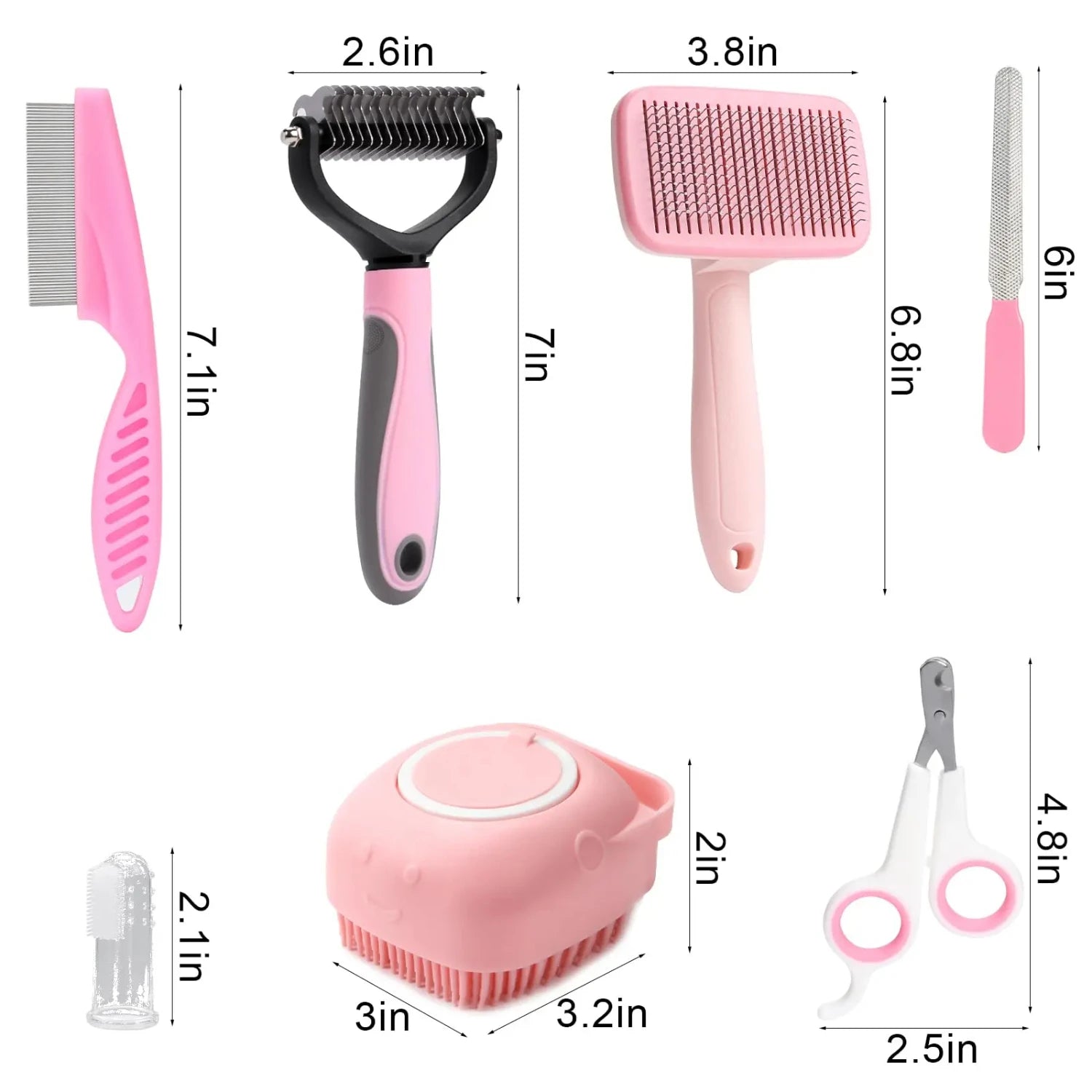 8-piece Dog Brush Grooming Set, pet self-cleaning set, with pet nail clippers and files, flea comb, pet shampoo bath brush, pet