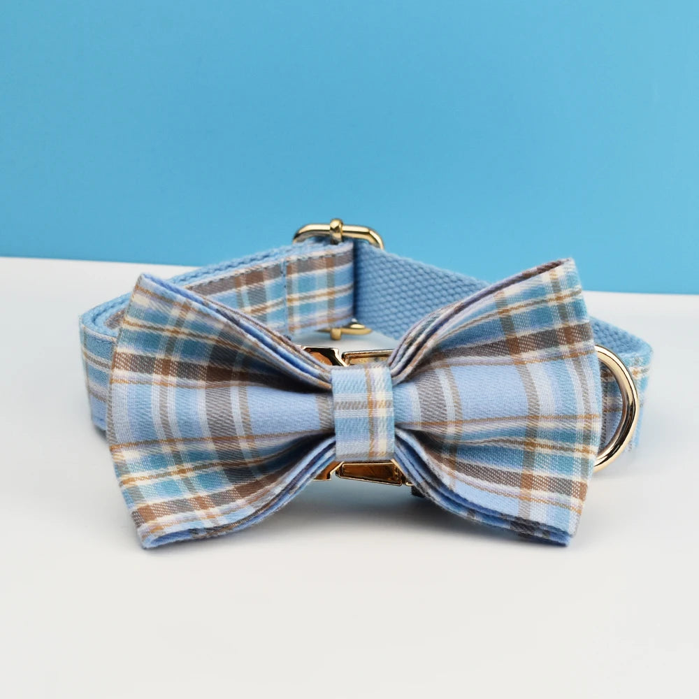 Snazzy Blue Plaid Dog Collar and Leash Set with Custom Engraved Nameplate