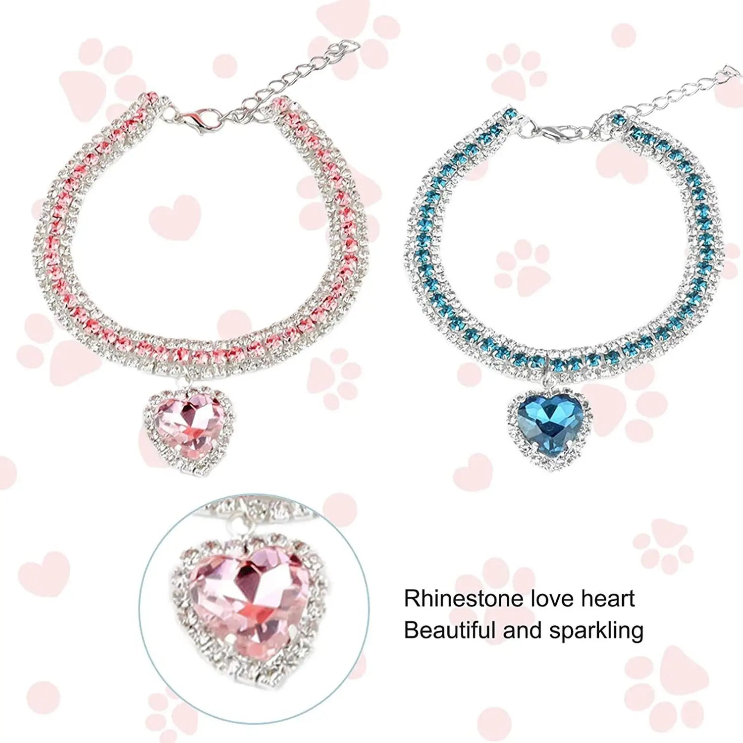 Bling Rhinestone Dog &amp; Cat Necklace Collar – Crystal Heart Diamante Pet Jewelry, Adjustable Puppy &amp; Kitten Wedding Party Accessory XS–L