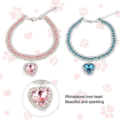 Bling Rhinestone Dog &amp; Cat Necklace Collar – Crystal Heart Diamante Pet Jewelry, Adjustable Puppy &amp; Kitten Wedding Party Accessory XS–L