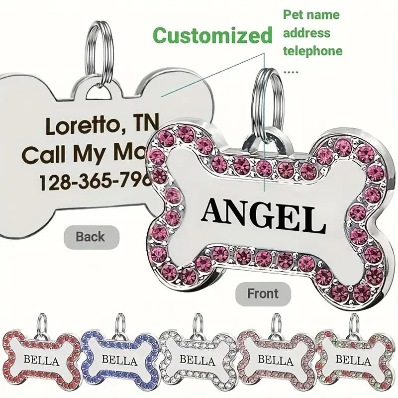 Personalized Bone Pet ID Tag with Rhinestones – Engraved Dog &amp; Cat Name Tag, Zinc Alloy Bling Collar Charm with Phone Number &amp; Address