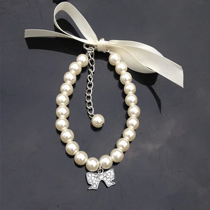 Exquisite Pearl Dog Necklace Pearl Necklace Jewelry with Bow Ribbon Suitable for Cats and Dogs