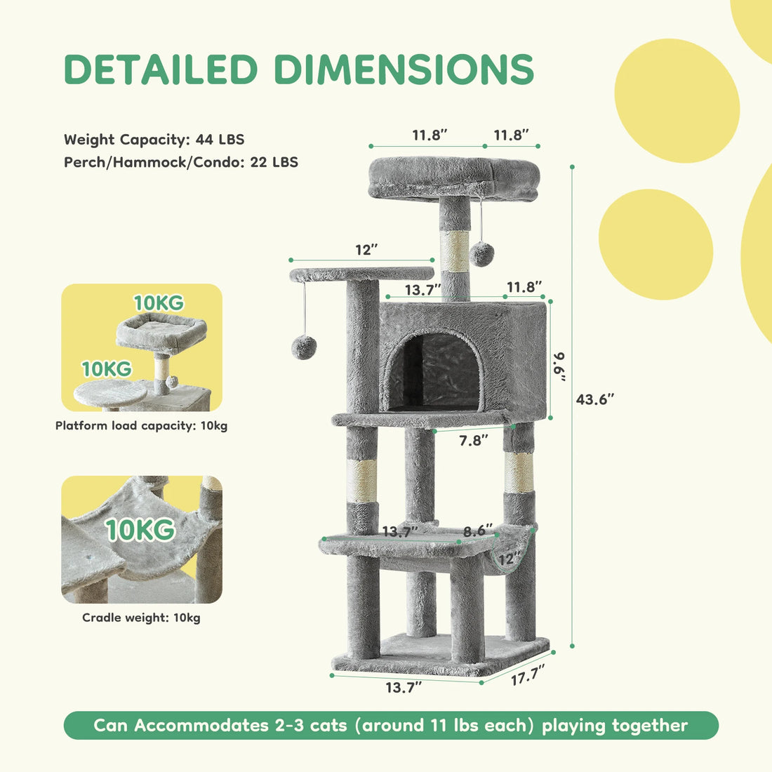 Tall Multi-Cat Climbing Cat Tree Tower – 44&quot; Indoor Cat Furniture with Sisal Scratching Posts &amp; Cozy Pet House