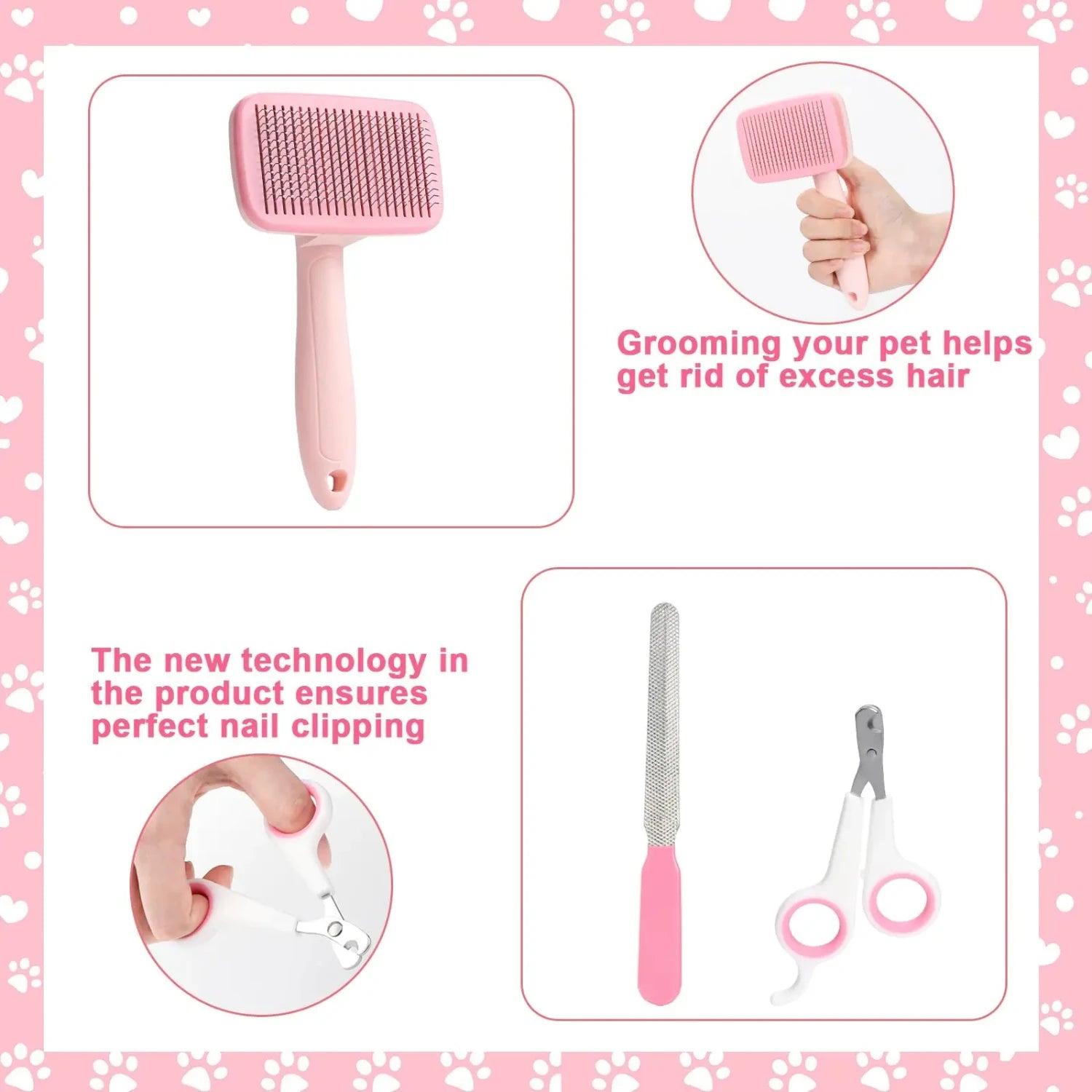 8-piece Dog Brush Grooming Set, pet self-cleaning set, with pet nail clippers and files, flea comb, pet shampoo bath brush, pet