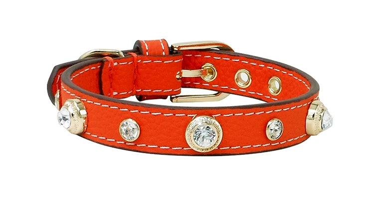 Genuine Leather Pet Collar White Diamond Gemstone Rivet Cowhide Collar Dog and Cat Collar
