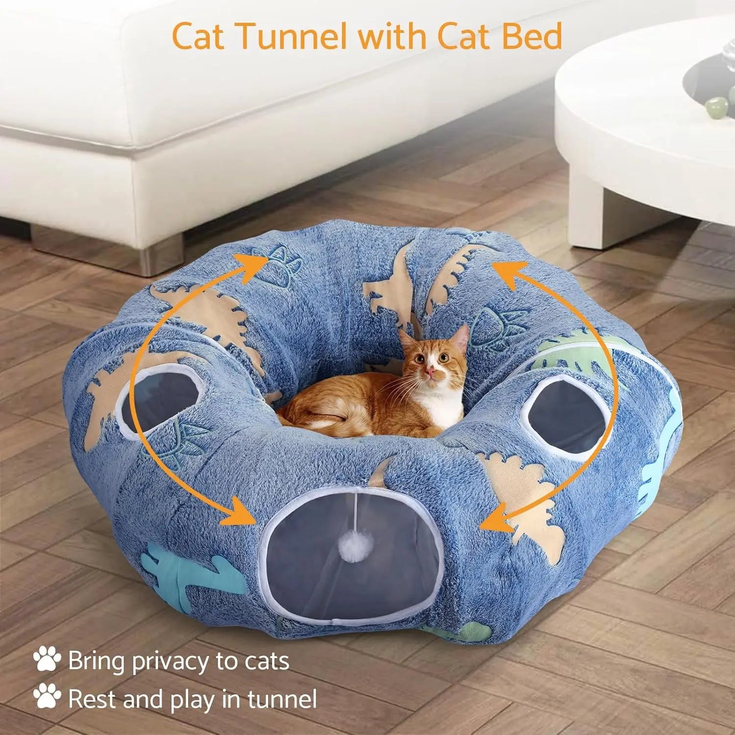 Cat Tunnel Bed for Indoor Cats – Foldable Plush Donut Tunnel with Glow-in-the-Dark Design