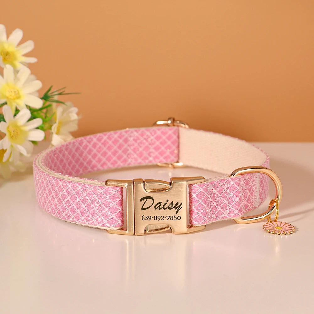 Personalized Bling Plaid Dog Collar – Adjustable Buckle Collar with Cute Flower Pendant, Anti-Lost ID for Small &amp; Medium Dogs &amp; Cats – Pink