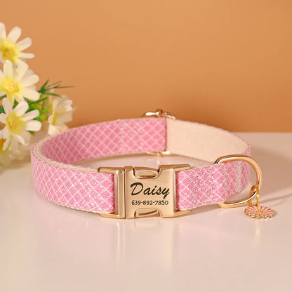 Personalized Bling Plaid Dog Collar – Adjustable Buckle Collar with Cute Flower Pendant, Anti-Lost ID for Small &amp; Medium Dogs &amp; Cats – Pink