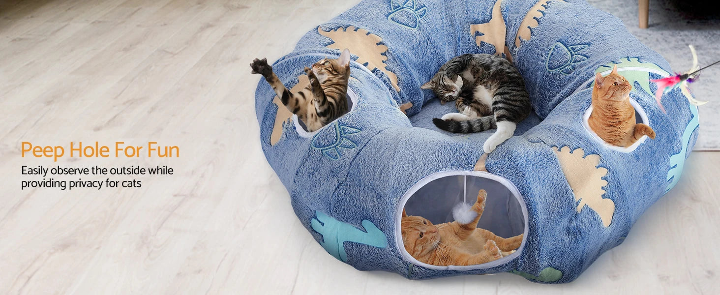 Cat Tunnel Bed for Indoor Cats – Foldable Plush Donut Tunnel with Glow-in-the-Dark Design