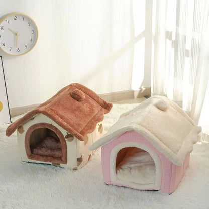 Cute Dog House Bed with Removable Cushion - Soft Coral Fleece Pet Bed for Dogs &amp; Cats, All-Season, Lightweight &amp; Breathable