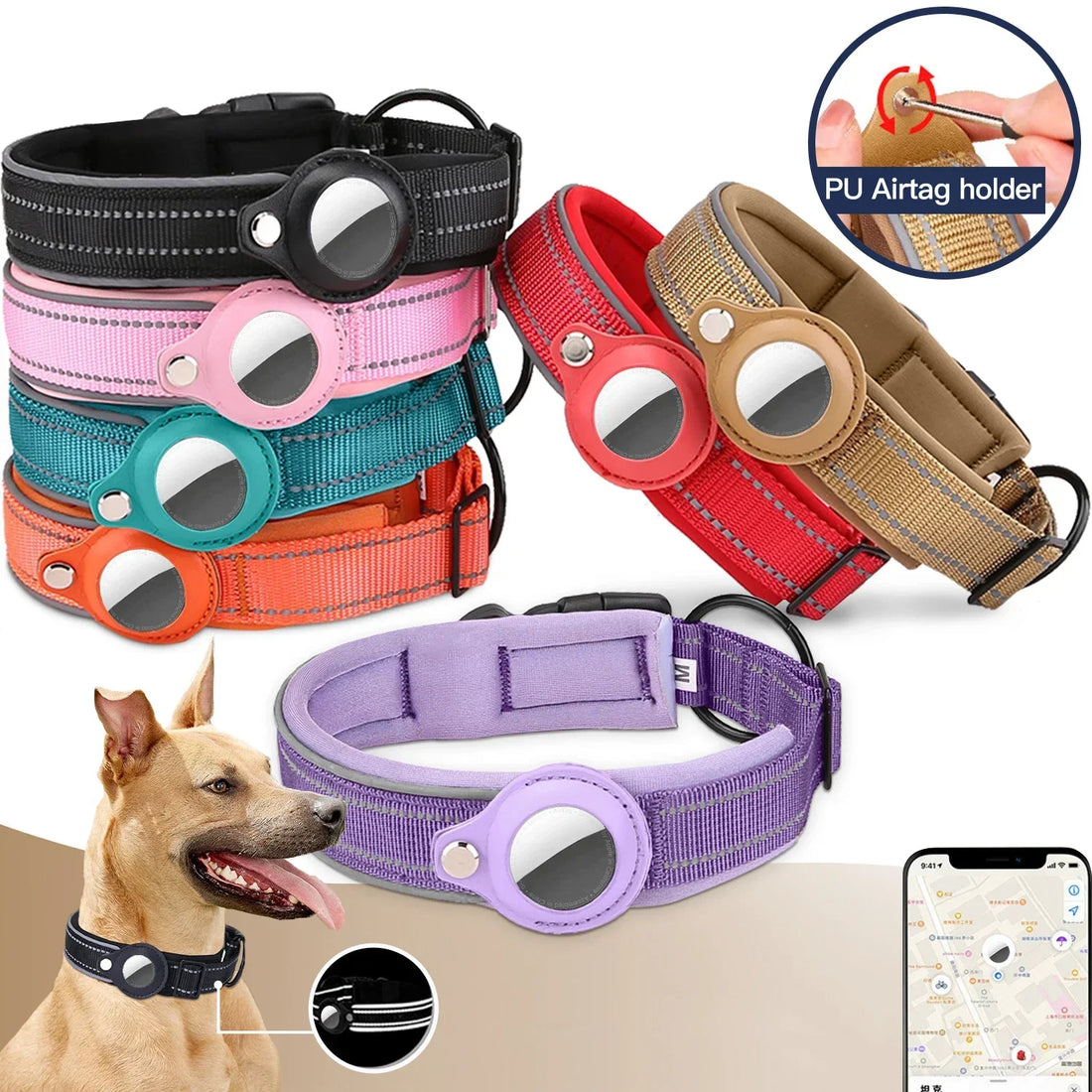 Colorful Durable Dog Collar with Airtag Holder - Strong Material, Safety Collar for Dogs (Airtag Sold Separately)